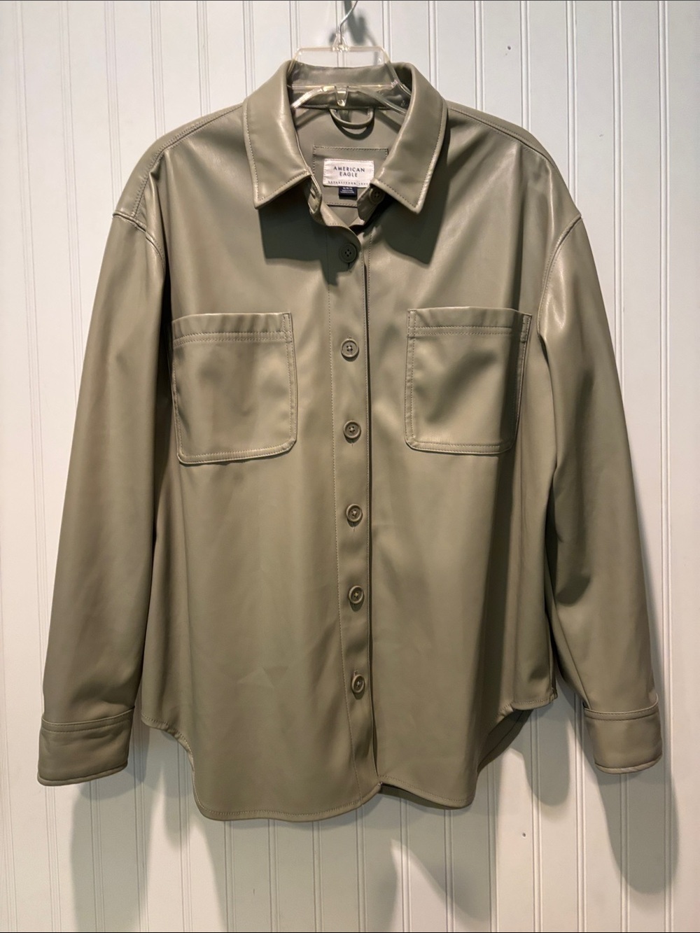 American Eagle Sage Green Faux Leather Button Up Shacket Sz M